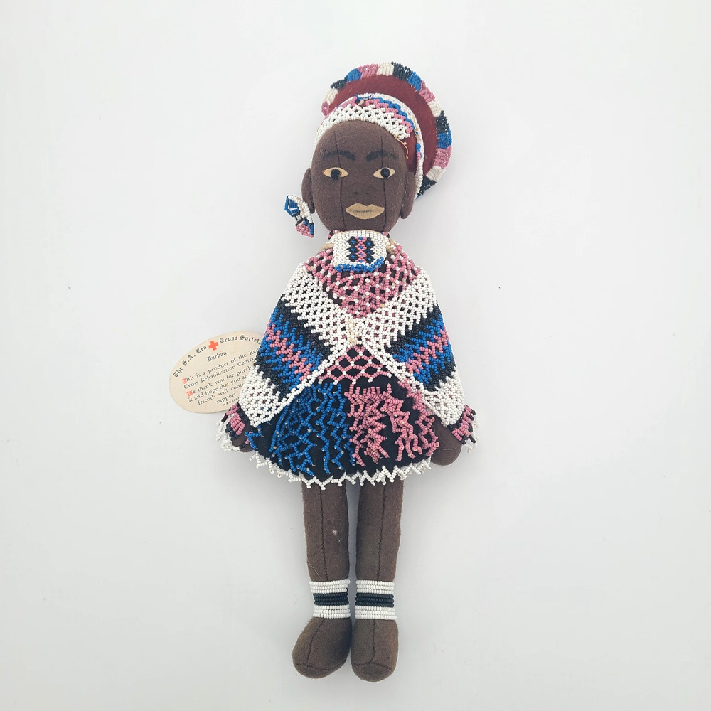 Vintage South African Beaded Zulu 13” Costume Doll Handmade Red Cross Durban tag